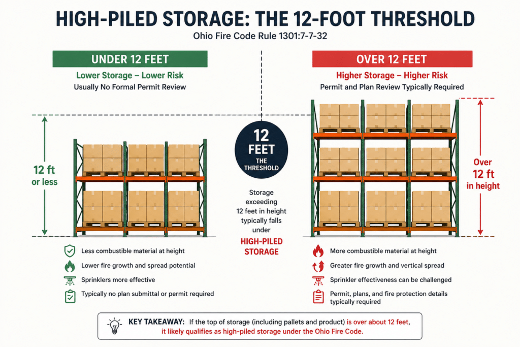 Diagram showing pallet racking under 12 feet versus over 12 feet and how it relates to high-piled storage requirements in Ohio