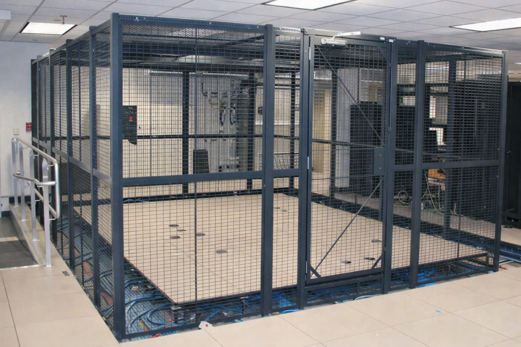 Wirecrafters wire partition system for secure server room with magnetic door lock