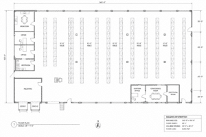 CAD warehouse layout drawing showing pallet rack aisles and warehouse floor plan