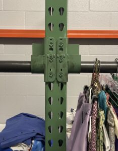 Industrial pallet rack adapted for educational theater storage applications