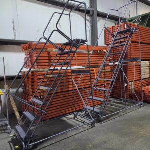 24-inch-wide 10-step rolling safety ladder used to safely access upper pallet rack storage at Thomas Worthington High School