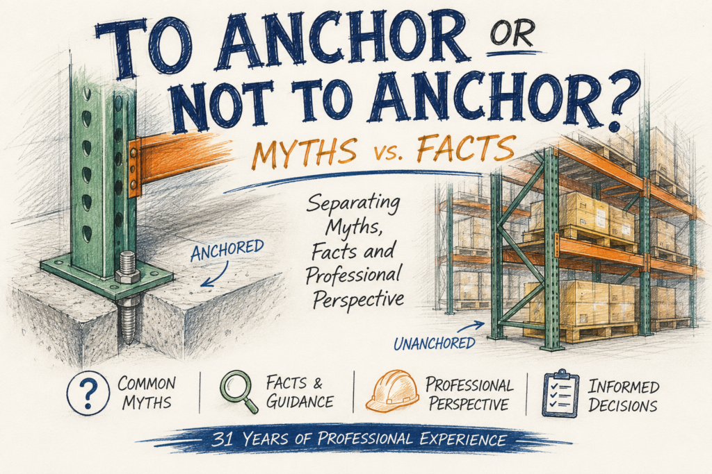 Pallet rack anchoring illustration comparing anchored and unanchored warehouse pallet rack systems.