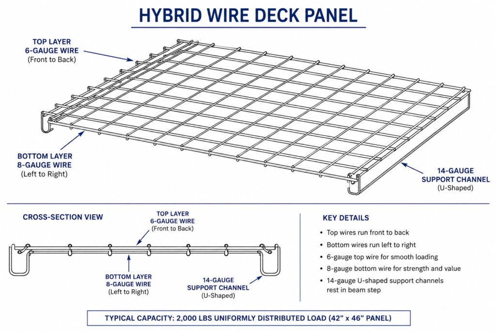 Technical line drawing of a hybrid wire deck panel showing 6 gauge top wire, 8 gauge bottom wire and 14 gauge U shaped support channels. The diagram also shows the wire orientation and 2,000 pound capacity.