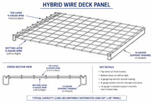Technical line drawing of a hybrid wire deck panel showing 6 gauge top wire, 8 gauge bottom wire and 14 gauge U shaped support channels. The diagram also shows the wire orientation and 2,000 pound capacity.