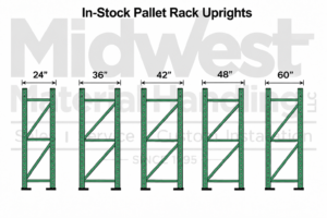 Common pallet rack upright depths including 24 inch, 36 inch, 42 inch, 48 inch and 60 inch pallet rack uprights.
